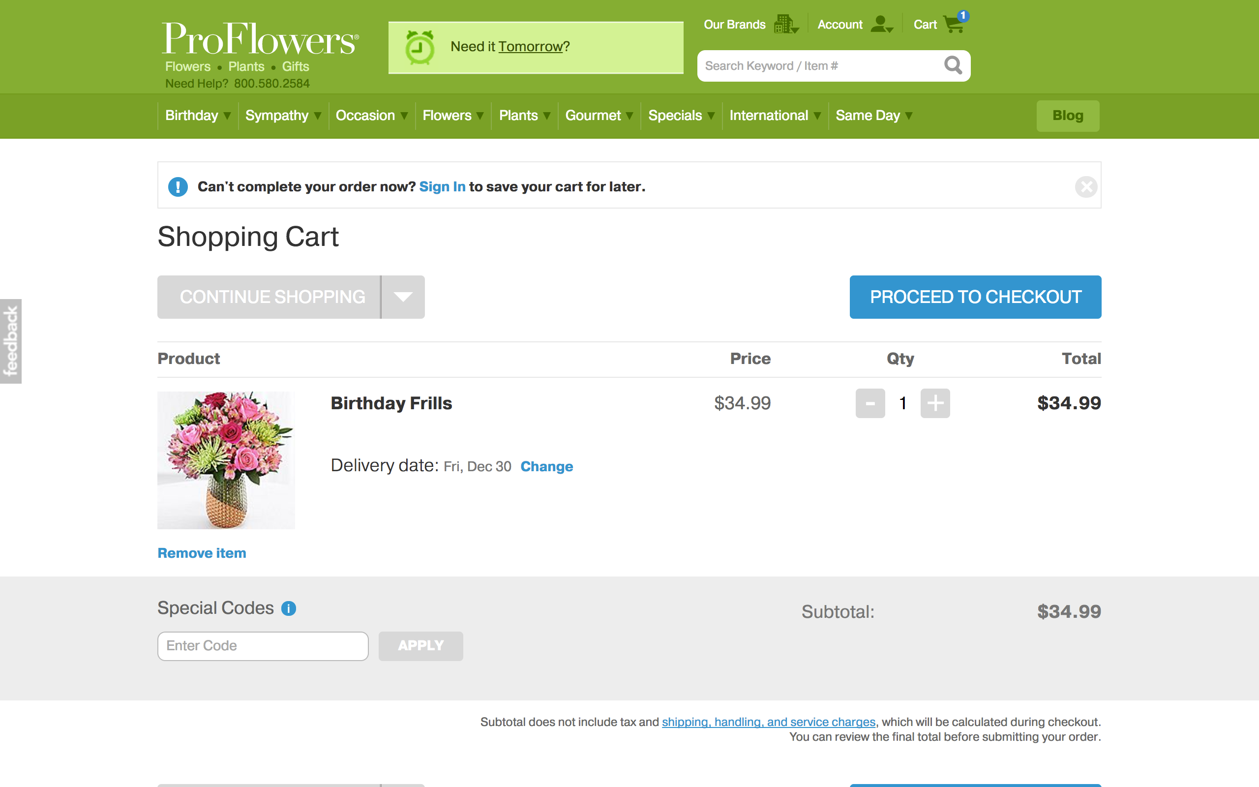 Proflowers shopping cart - screenshot