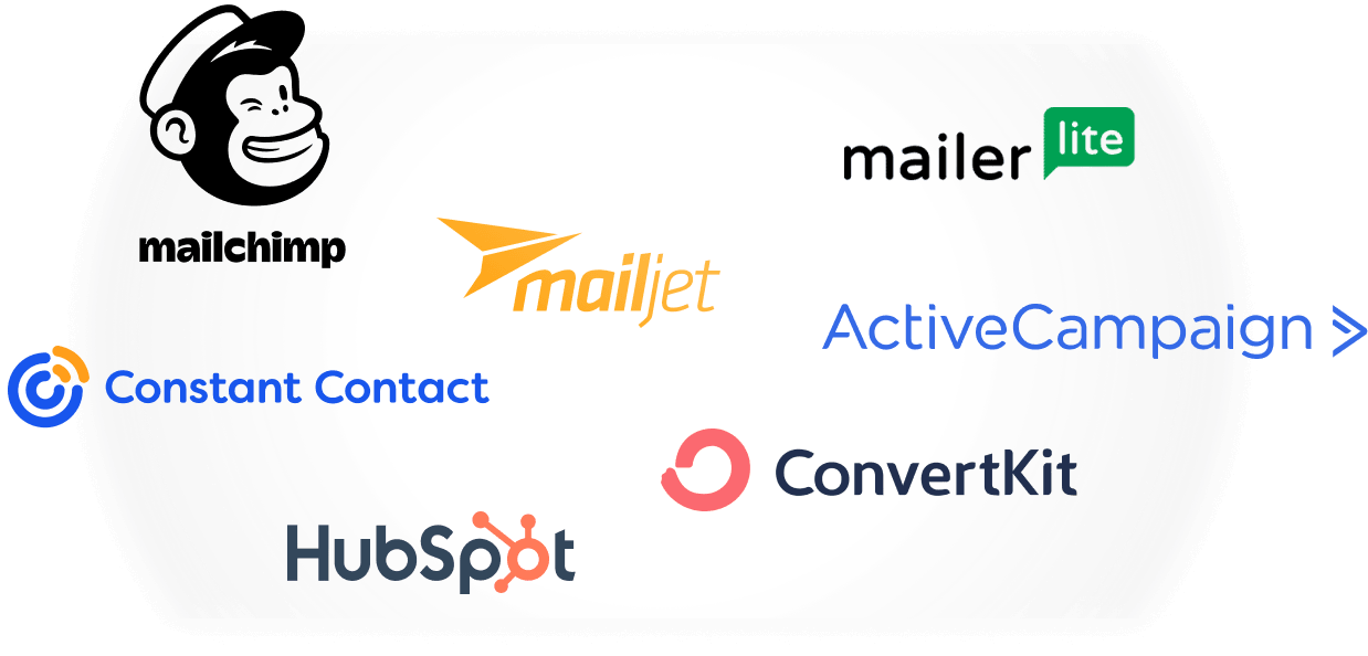 a graphic representing how local line integrates with email marketing systems such as mailchimp, mailjet, mailer, activecampaign, hubspot, constant contact, convertkit