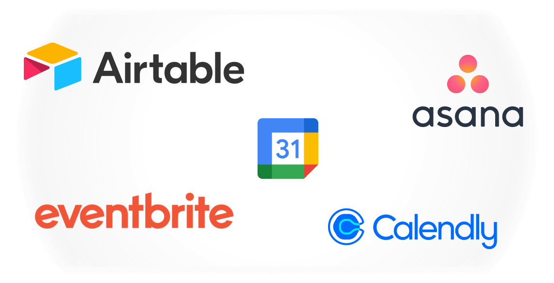 a graphic representing how local line integrates with calendar and productivity systems such as airtable, google calendar, eventbrite, asana, calendly