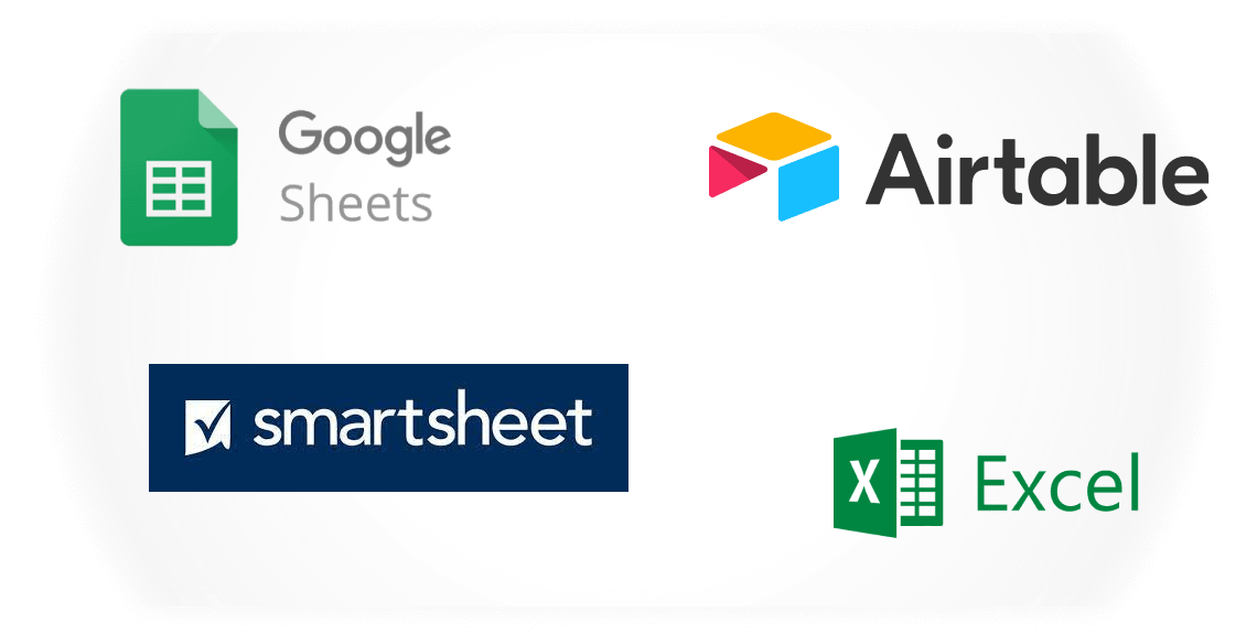 a graphic representing how local line integrates with spreadsheet systems such as google sheets, airtable, smartsheet and microsoft excel