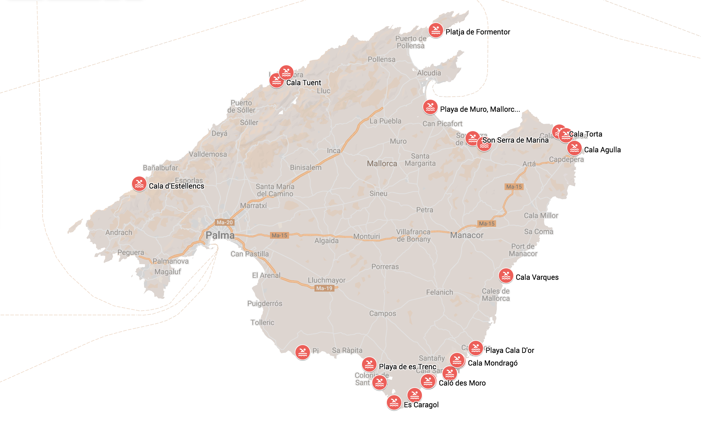 Mapa con las mejores playas de Palma de Mallorca