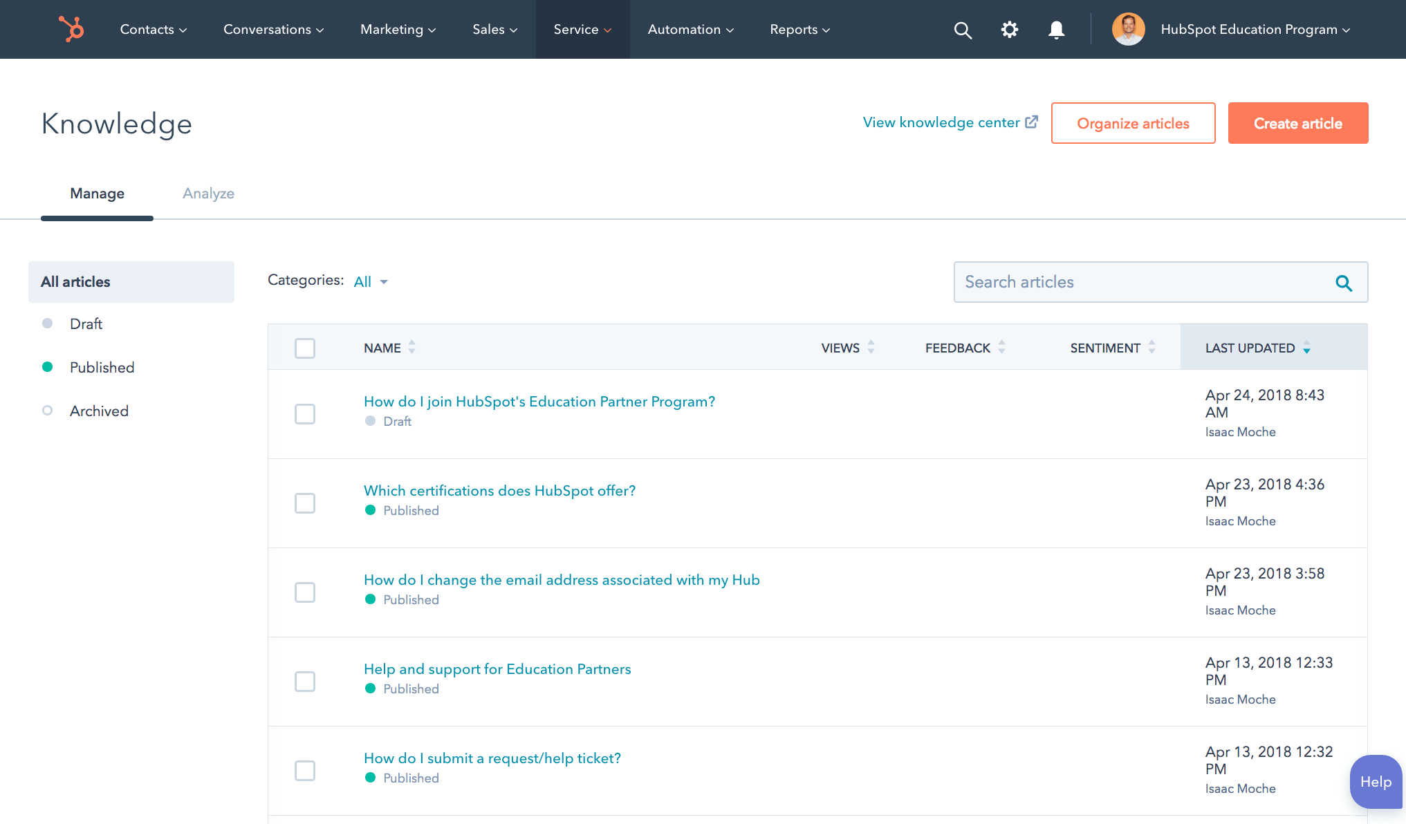 hubspot service hub knowledge base screenshot