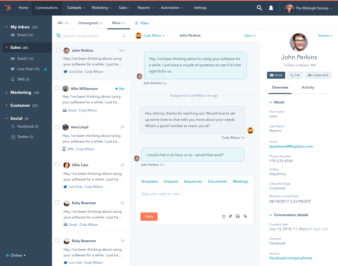 hubspot service hub conversations screenshot