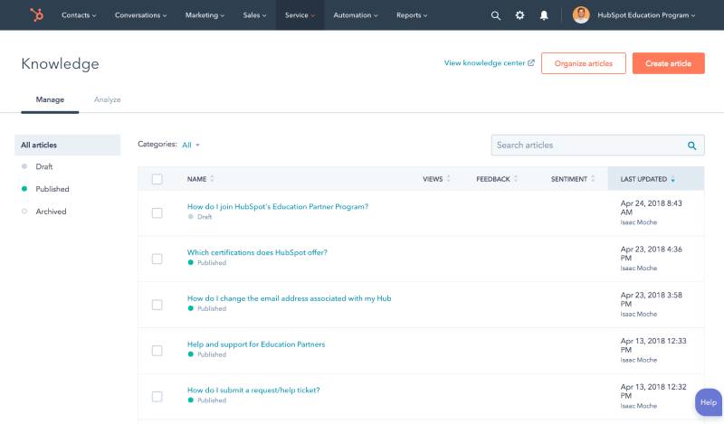 HubSpot service hub knowledgebase