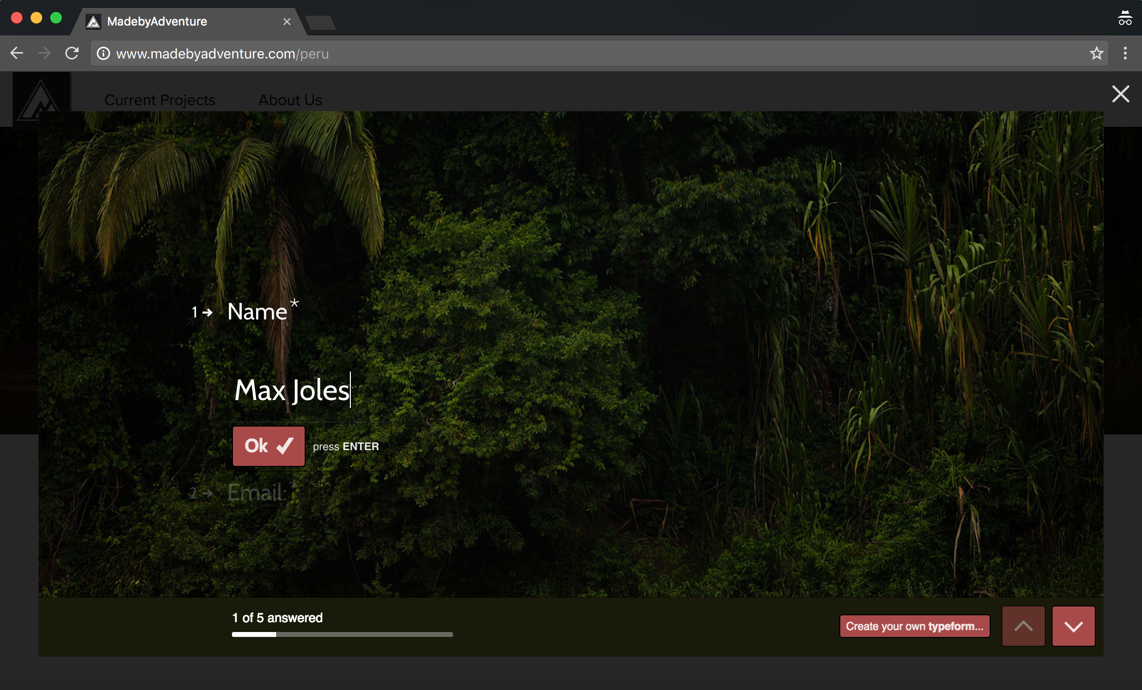 Screenshot fo typeform application for trip to Peru