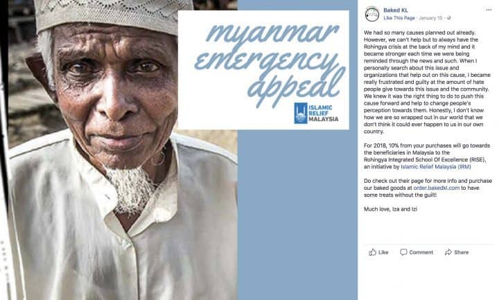 On 2018, BakedKL donates 10% from its customers' purchases to Rohingya community
