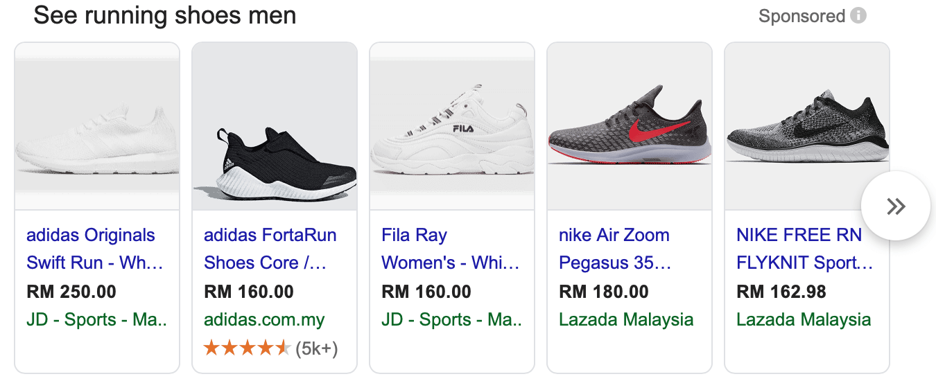 screenshot of shoes as sponsored products in google results