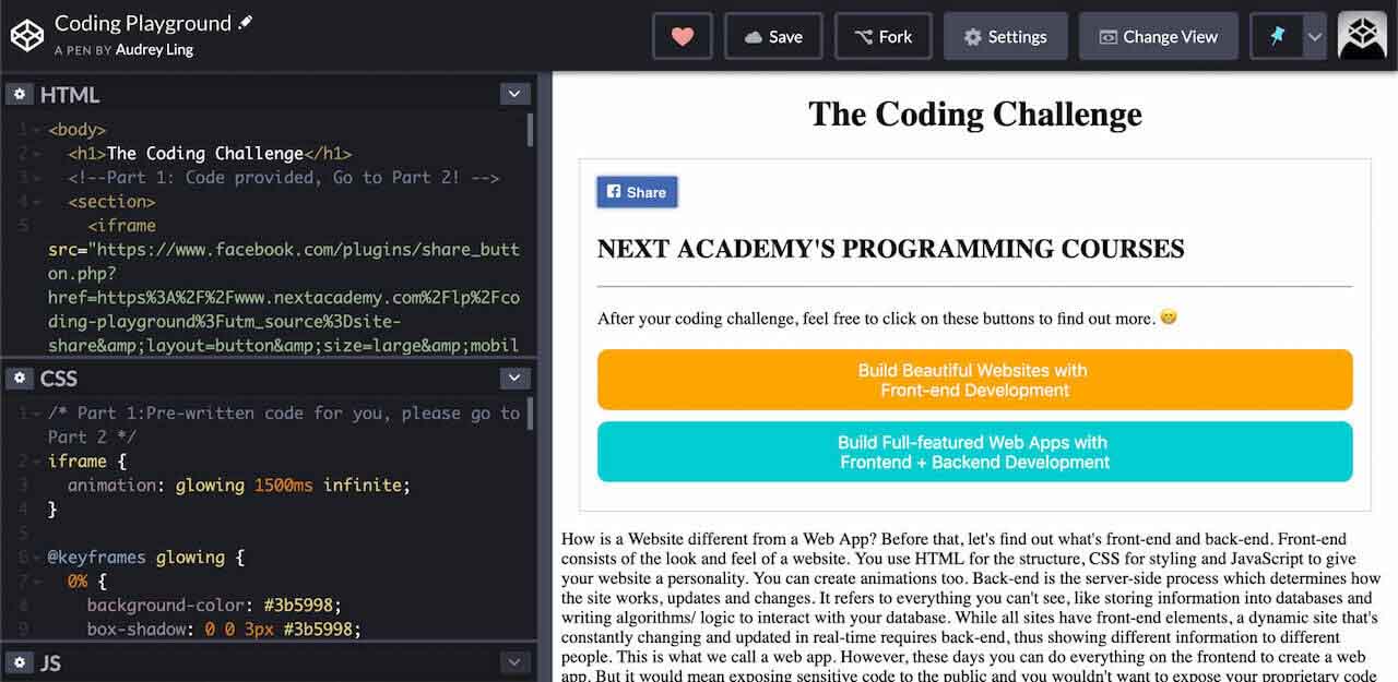 the coding challenge with codepen by next academy