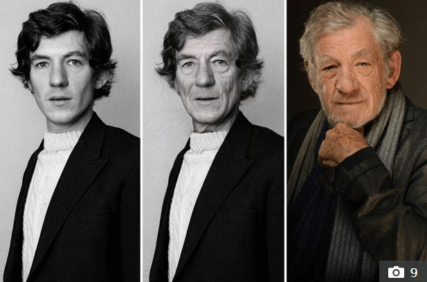 Photo of Ian McKellen when he was young and used Faceapp filter compared to when he is older now