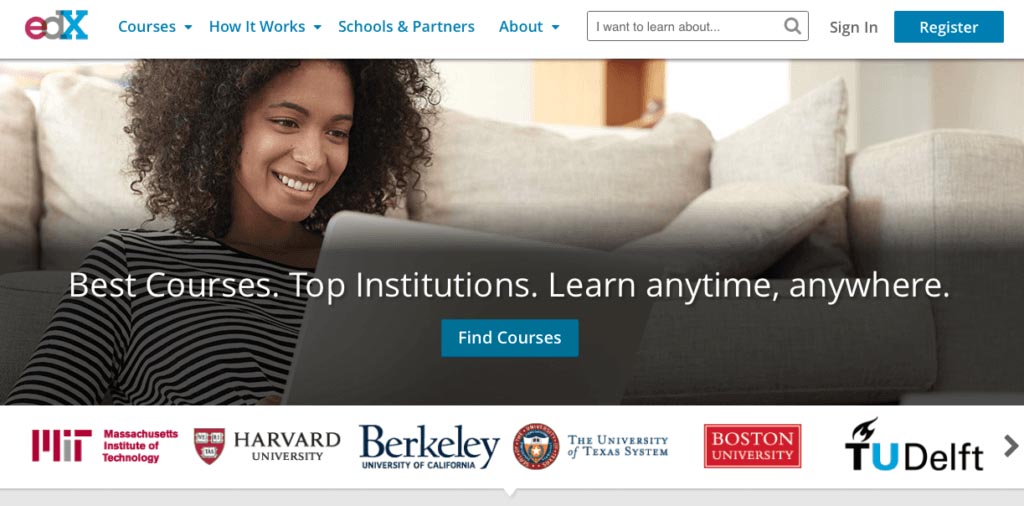 Interface of edX's homepage