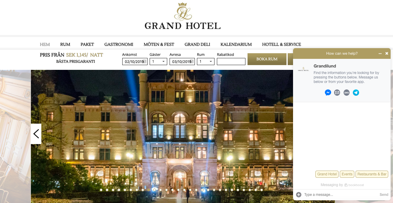Bookboost Omnichannel Website Chat - Grand Hotel Lund