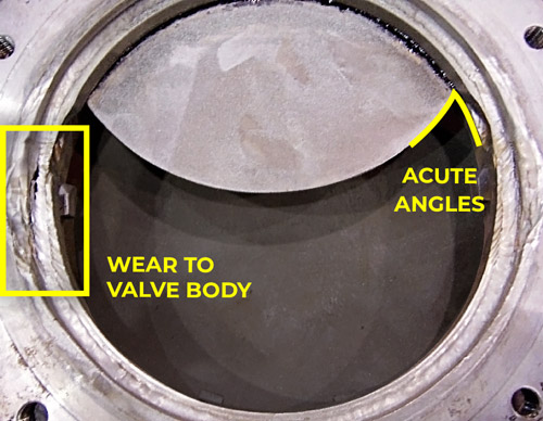 Knife Gate Valve with erosion damage due to abrasive slurry flow