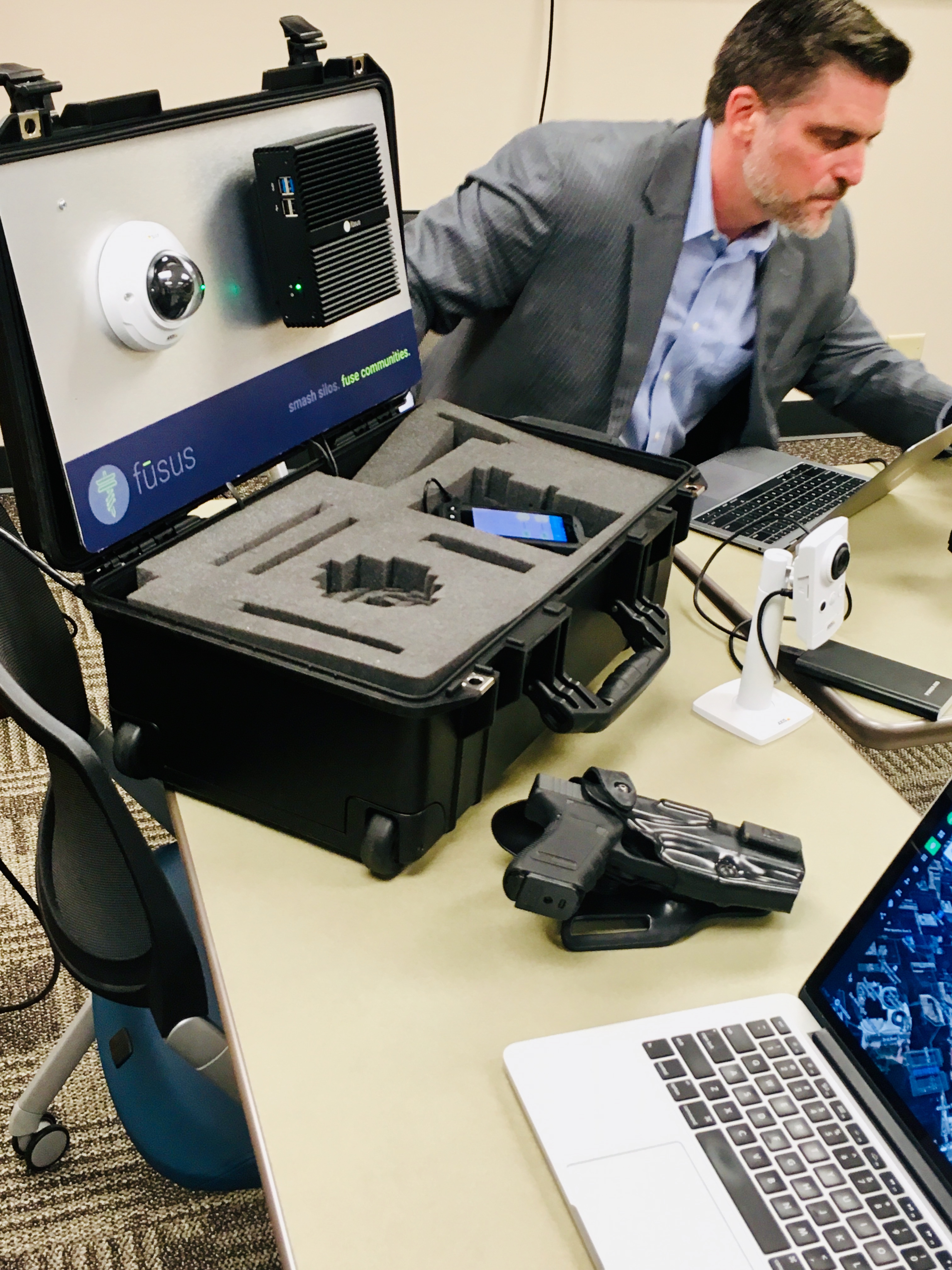 Anthony Baldoni, Fusus COO demonstrates new video networking and smart weapon technology in Minneapolis
