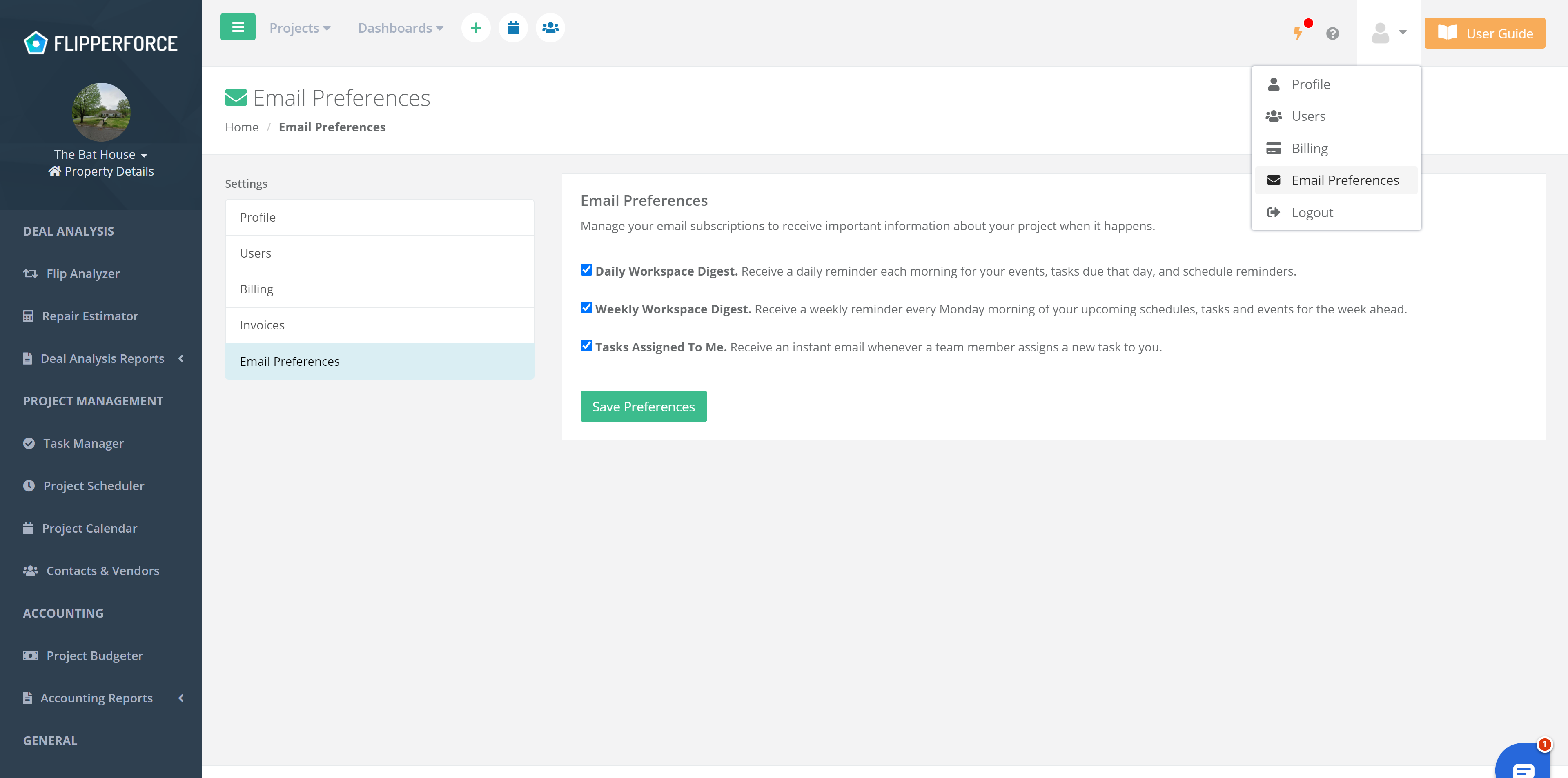 Rehab Project Management Software Email Preferences