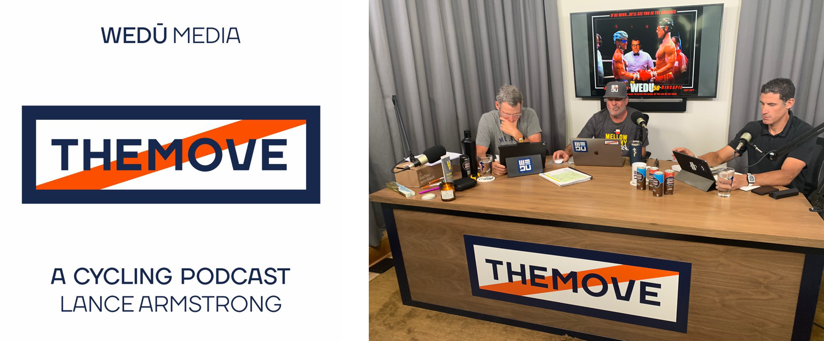 The crew of "THE MOVE" podcast along with its artwork