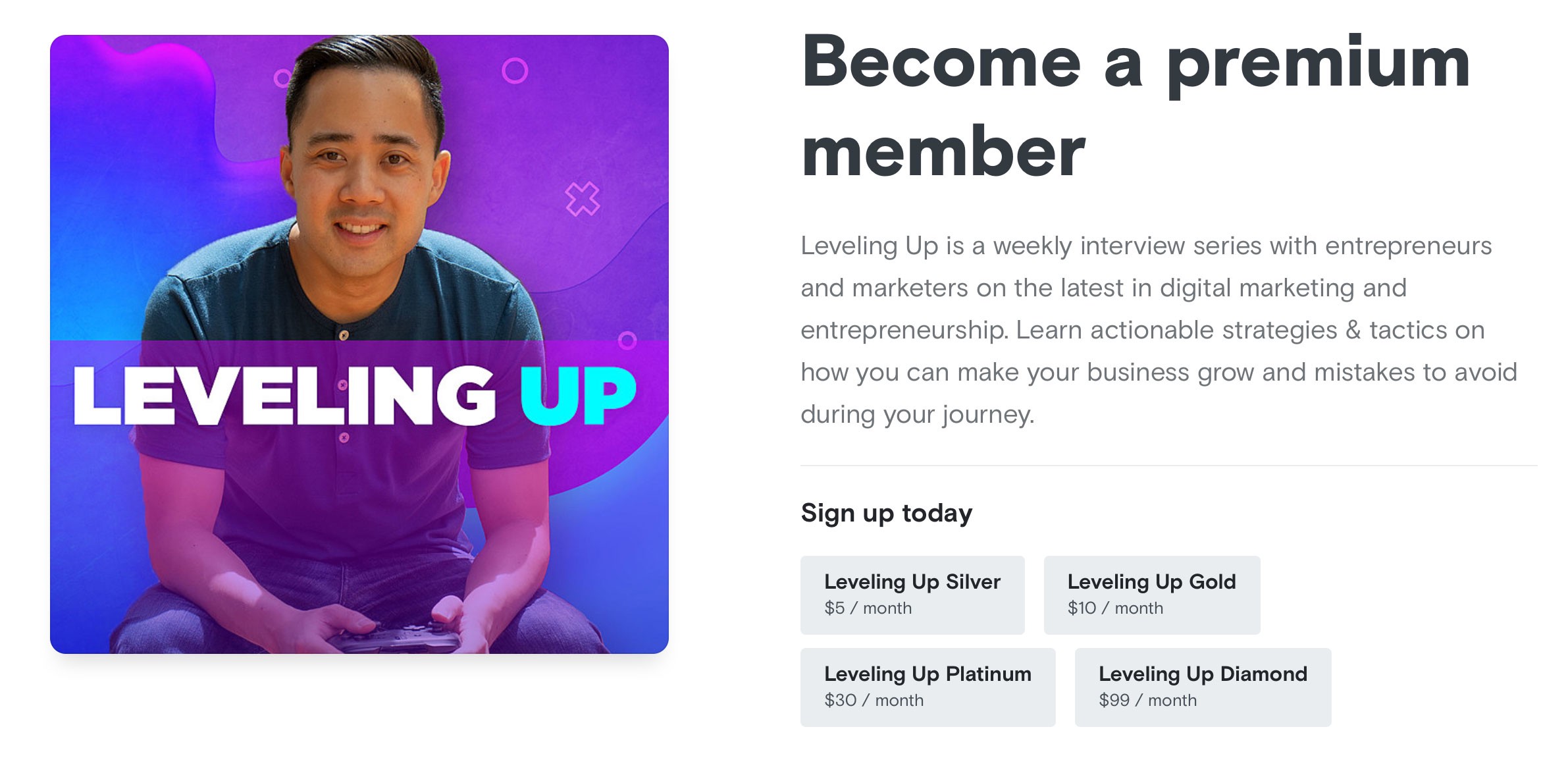 Podcast artwork for "Leveling Up" and list of benefits for premium members