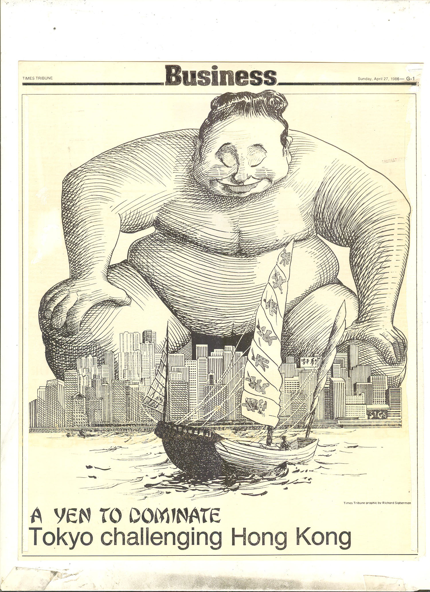 A large pen and ink piece for the Times Tribune that illustrated Japan's challenge to Hong Kong as a financial center. The illustration filled up most of the page, which was great for the Business Section editor, who was often strapped for a strong image.