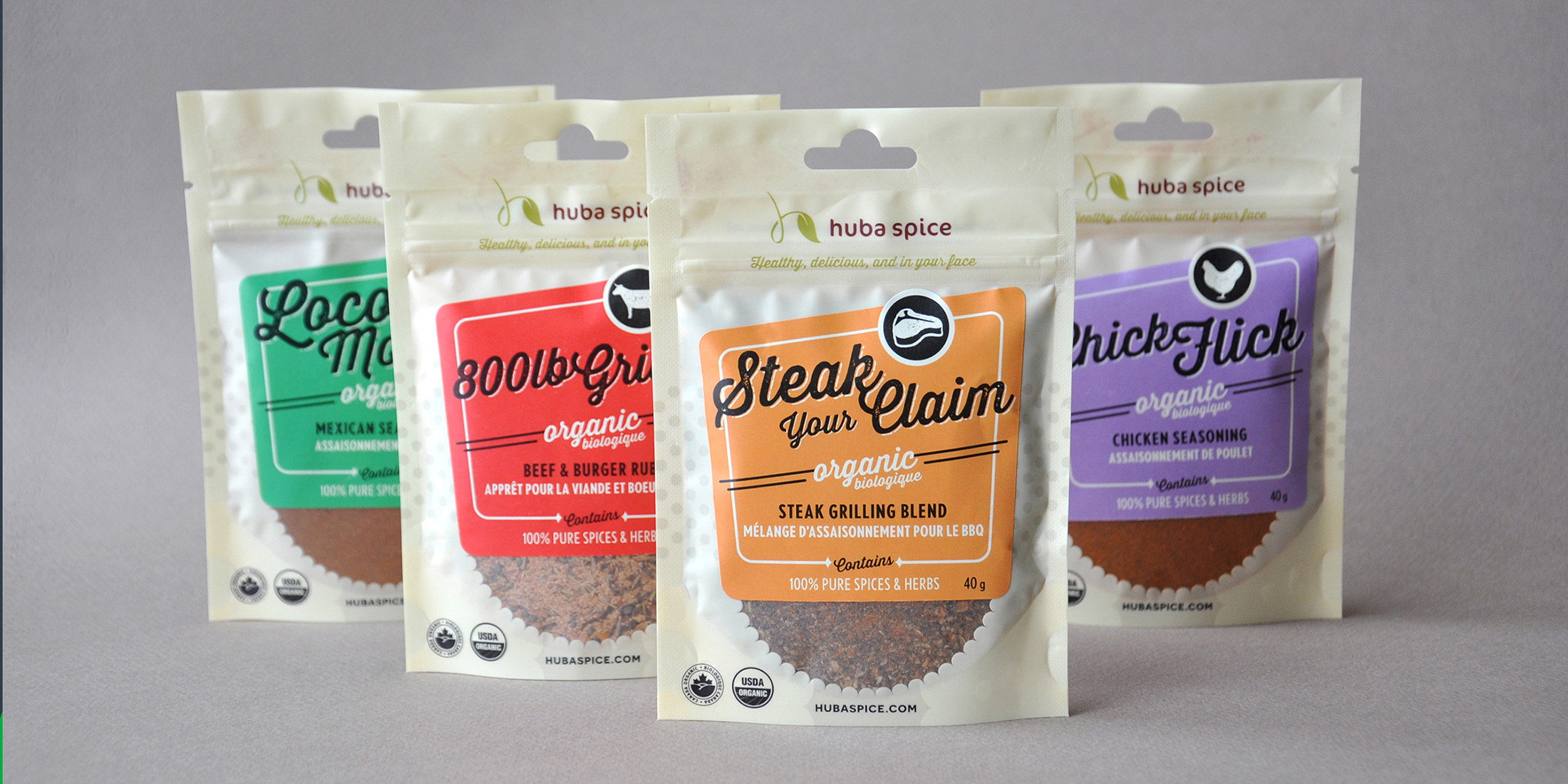 Huba Spice package designs, showing four flavours