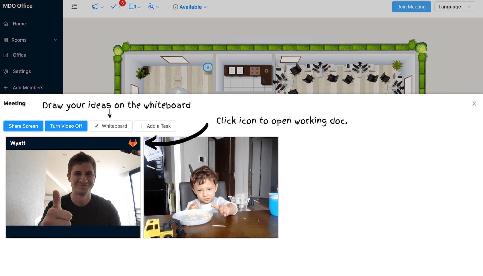 Launch a screen share session or a whiteboard with one click