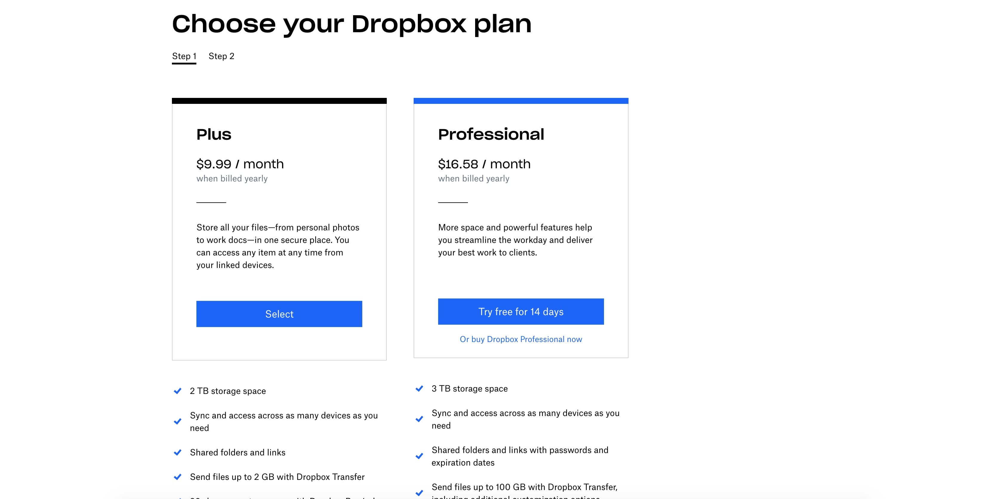 Dropbox's pricing page is extremely simple, with only two plans