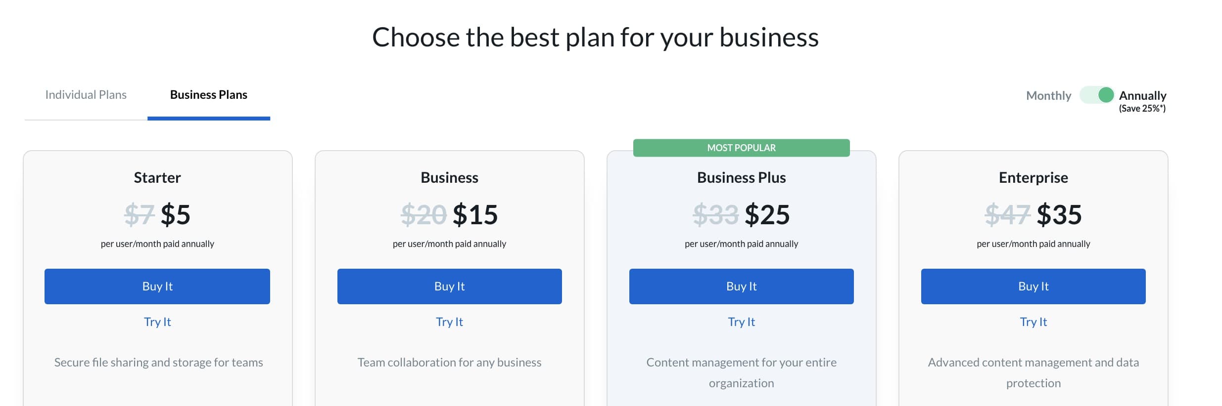 Box.com highlights the plan they want you to pick in a different color, and adds a "Most Popular" banner