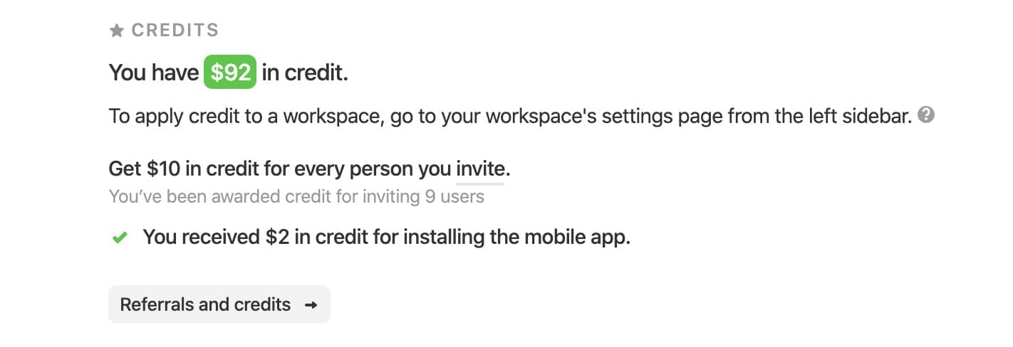 Airtable prominently displays your credits high on the settings page