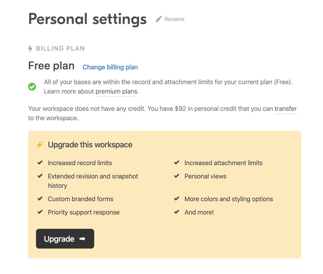 Workspace settings with a large call to action