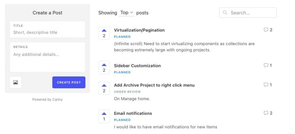 Canny board showing the option to create a post next to a list of the most upvoted posts.