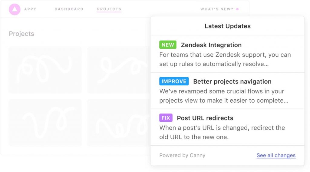 Canny changelog shows the most recent updates to your product