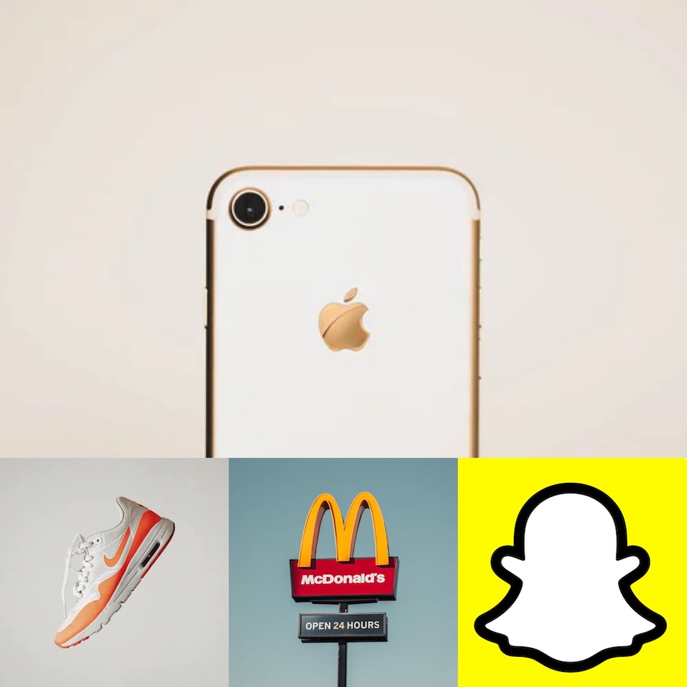 Apple's iPhone with iconic apple shaped logo, Nike shoe with swoosh, McDonald's golden arches sign, Snapchat's pale ghost logo