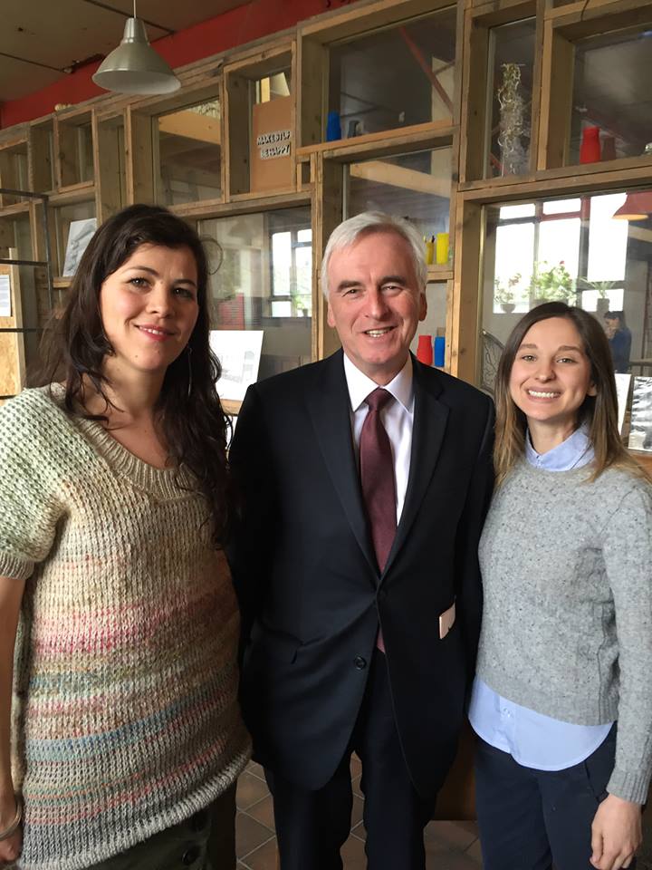 Turning Earth's Tallie Maughan with Shadow Chancellor John McDonnell and Liz Corbin, one of the founders of the Institute of Making and the Open Workshop Network