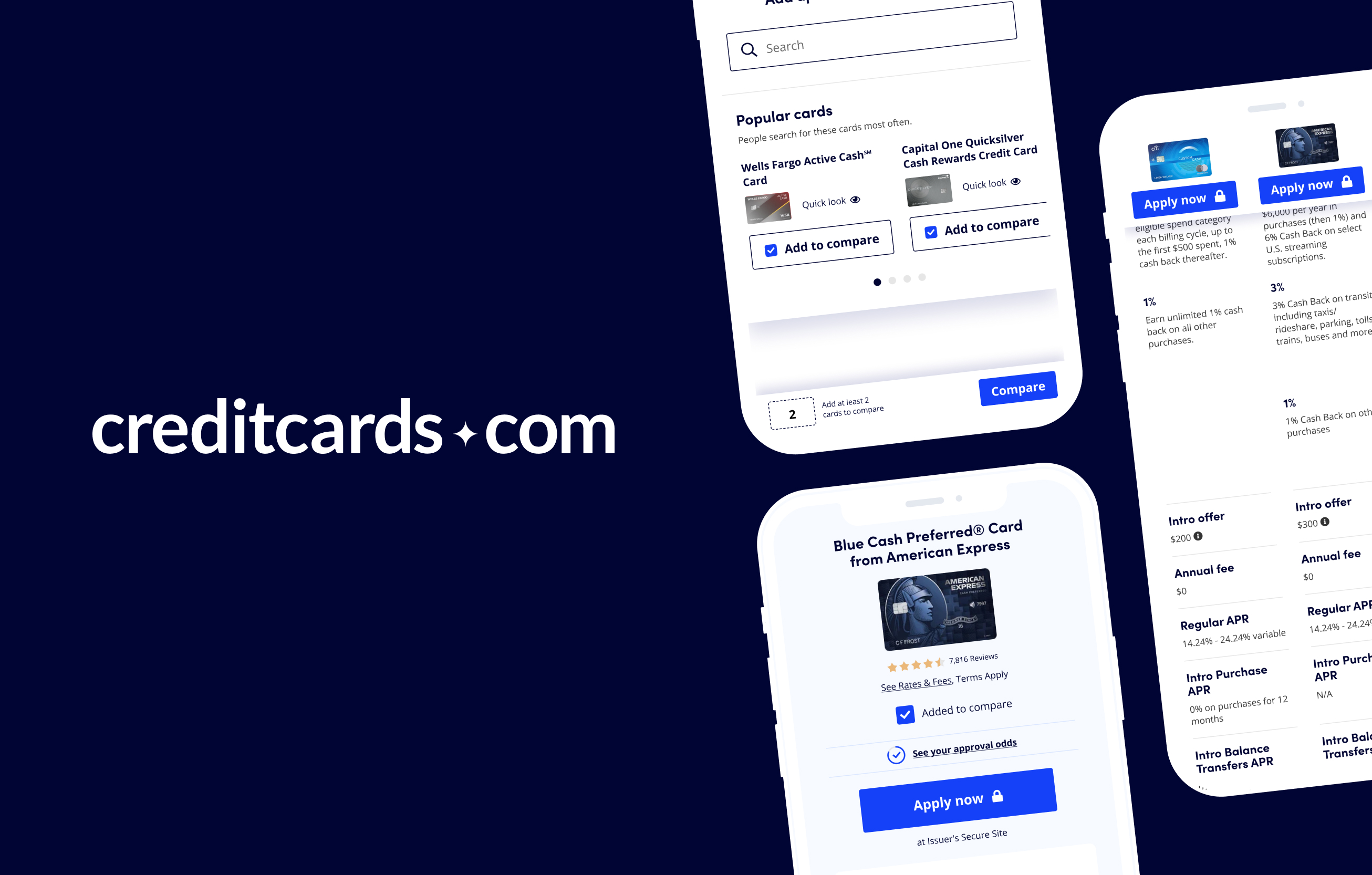 Creditcards.com logo with mobile images of compare experience