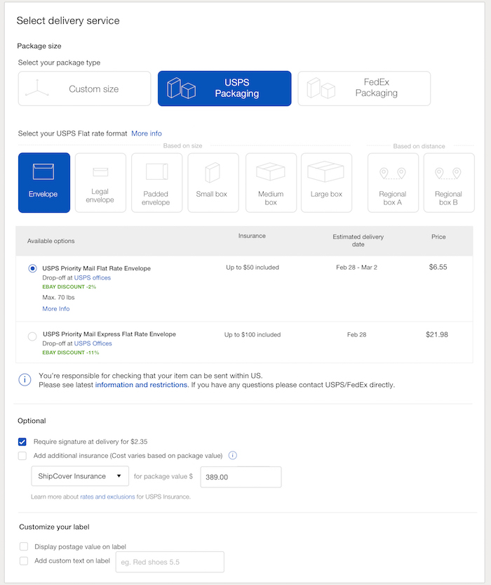 ebay shipping options example