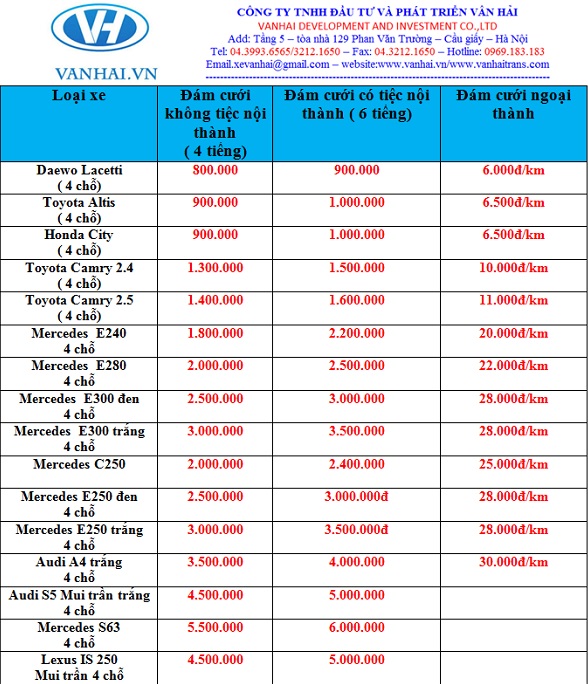 Bảng giá cho thuê xe 4 chỗ giá rẻ hà nội của Vân Hải