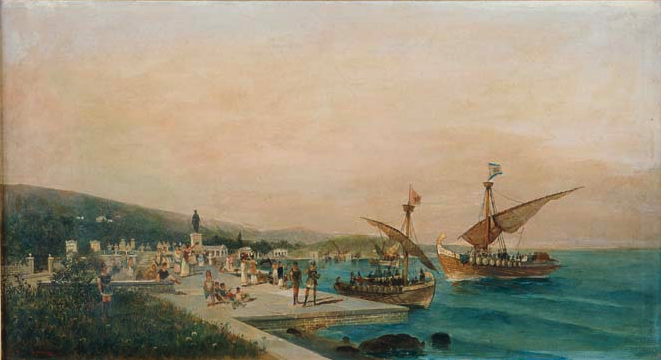 A painting in the Realist style - a view of a ship dock with small human figures, and two boats coming into port on a bright blue sea