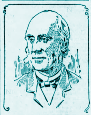 Simple etching of the bust of Thomas Bell, with receding light colored hair and a suit. He's looking to the viewer's left and seems peaceful.
