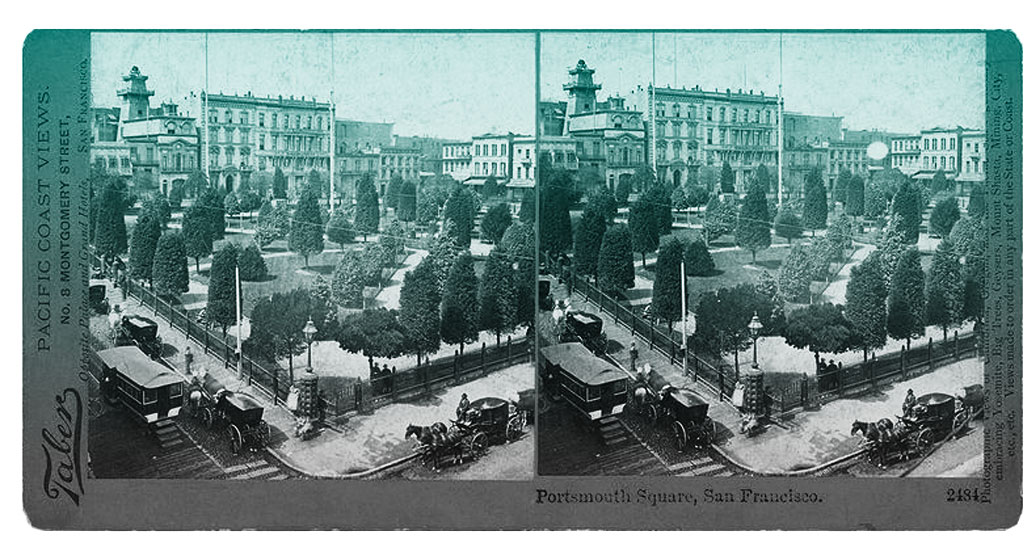A tourism advertisiment showing two identical photos of Portsmouth Square in a paper frame titled Tabers Pacific Coast Views, Portsmouth Square, San Francisco