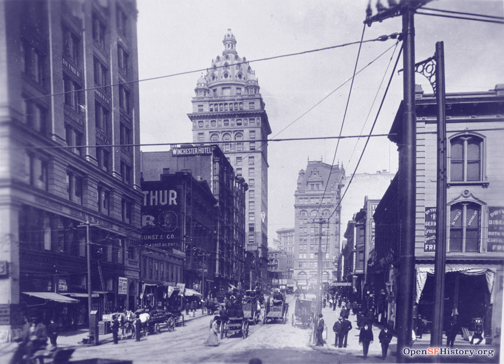 An image showing a bustling street scene of Mission and 3rd st, full of horse carriages and blurry people moving around. The Call building looms in the background
