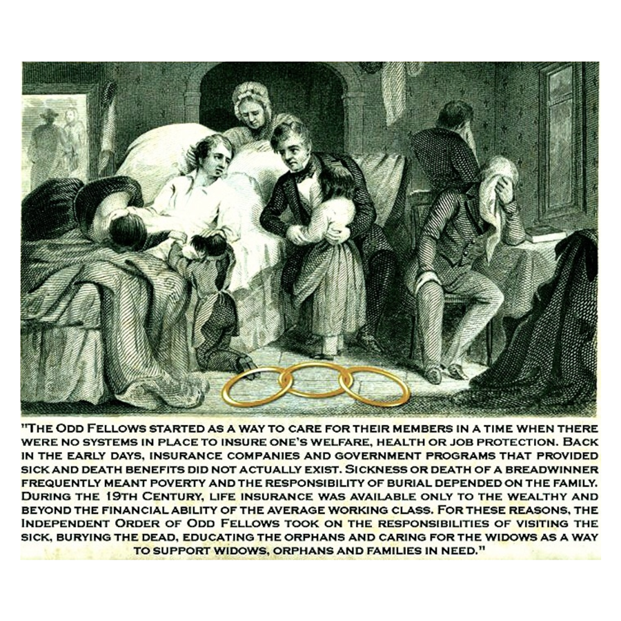 An etching depicting a man laying in a bed speaking to a somber man, surrounded by children being consoled, with a woman attending behind, and two men weeping on the outside of the scene. The text reads, "The Odd Fellows started as a way to care for their memebers in a time when there were no systems in place to insure one's welfare, health or job protection. Back in the early days, insurance companies and government programs that provided sick and death benefits did not actually exist. Sickness or death of a breadwinner frequently meant poverty and the responsbility of burial depended on the family. During the 19th century, life insurance was available only to the wealthy and beyond the financial ability of the average working class. For these reasons, the Independent Order of Odd Fellows took on the responsibilities of visiting the sick, bury the dead, educating the orphans and caring for the widows as a way to support widows, orphans and families in need."