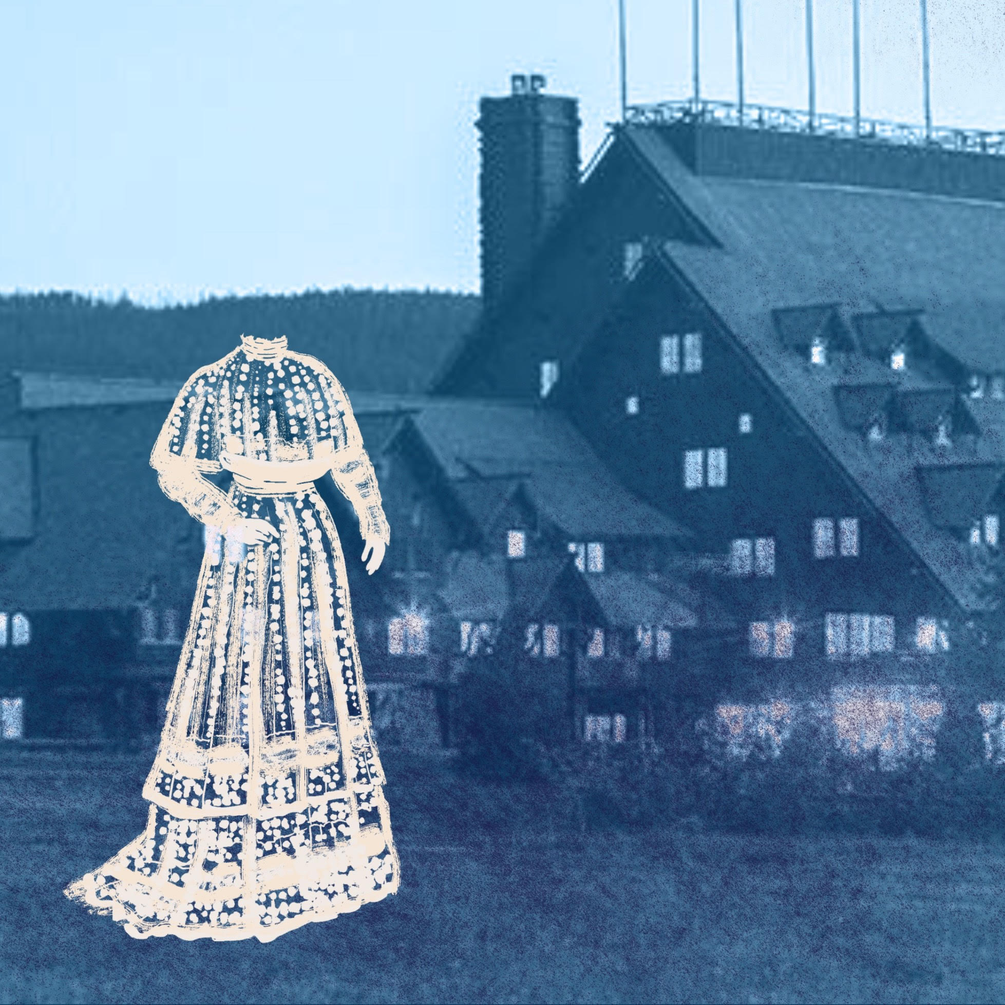 A photo of the exterior of the Old Faithful Inn at Yellowstone National Park. In the forground is a drawing of woman in a ghostly lace gown missing her head