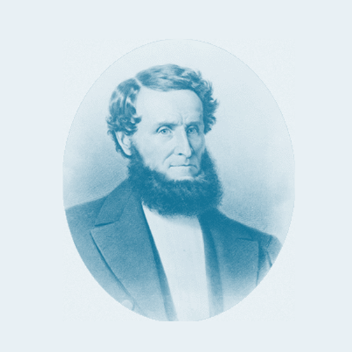 A portrait of James Lick. He has short, but tousled, dark hair and an extremely thick beard and no moustache.