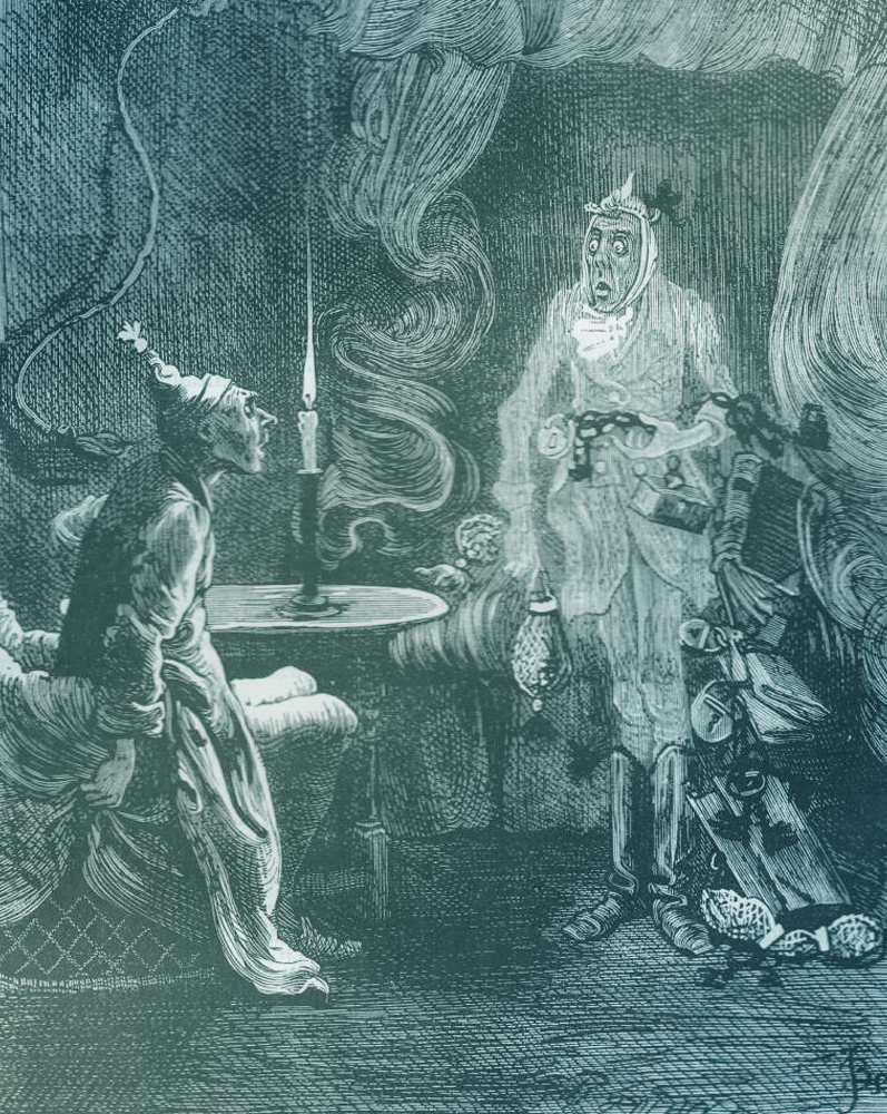 An etched illustration of Scrooge in his nightclothes being startled by the pale ghost of Marley, who is wrapped in chains attached to padlocks and large books