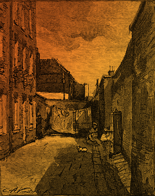An etching of a courtyard at Marhsalsea prison - two figures sit on the stone yard near some washing hung to dry. The overall impression is bleak.