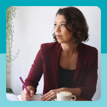 Image of Mums & Co Member Lauren Hamilton in a red jacket with green background