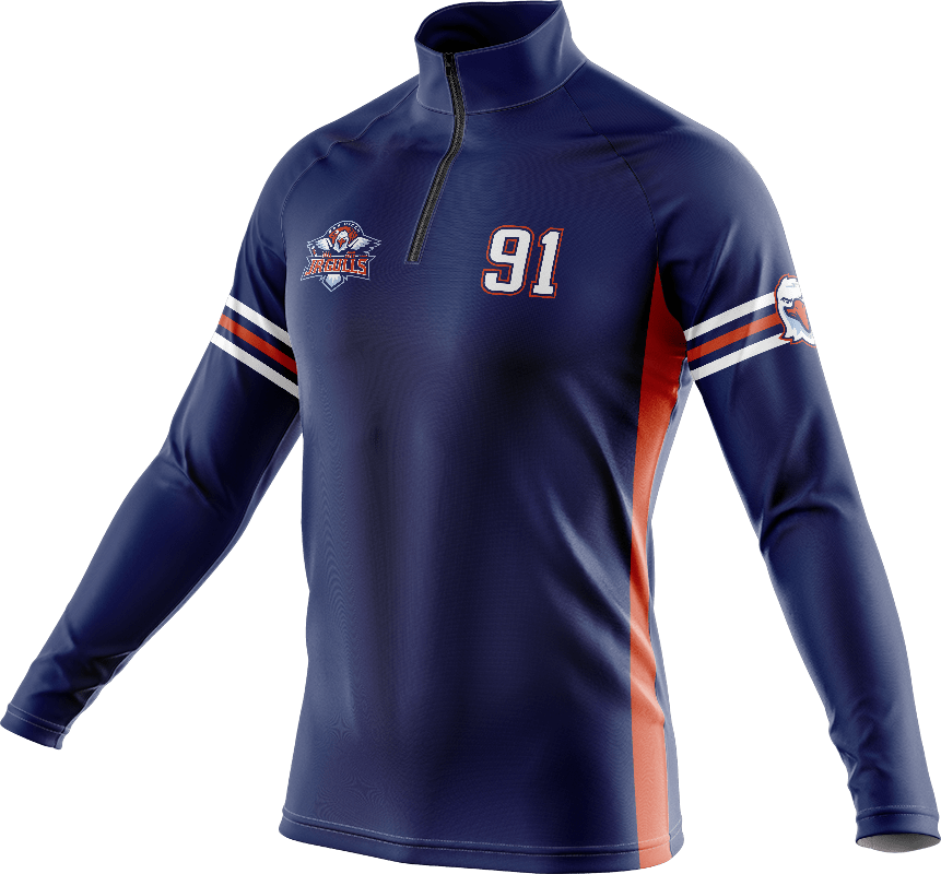 Custom quarter-zip pullover sweatshirt with logo and player number on the chest.