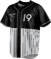 Custom baseball button down shirt, collar-less with short sleeves, featuring logo and player number on chest.