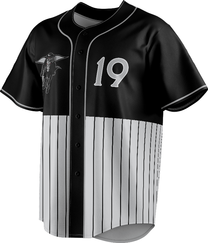 Custom baseball button down shirt, collar-less with short sleeves, featuring logo and player number on chest.