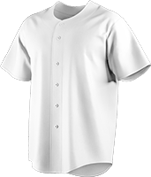 Custom baseball button down shirt, collar-less with short sleeves, featuring logo and player number on chest.