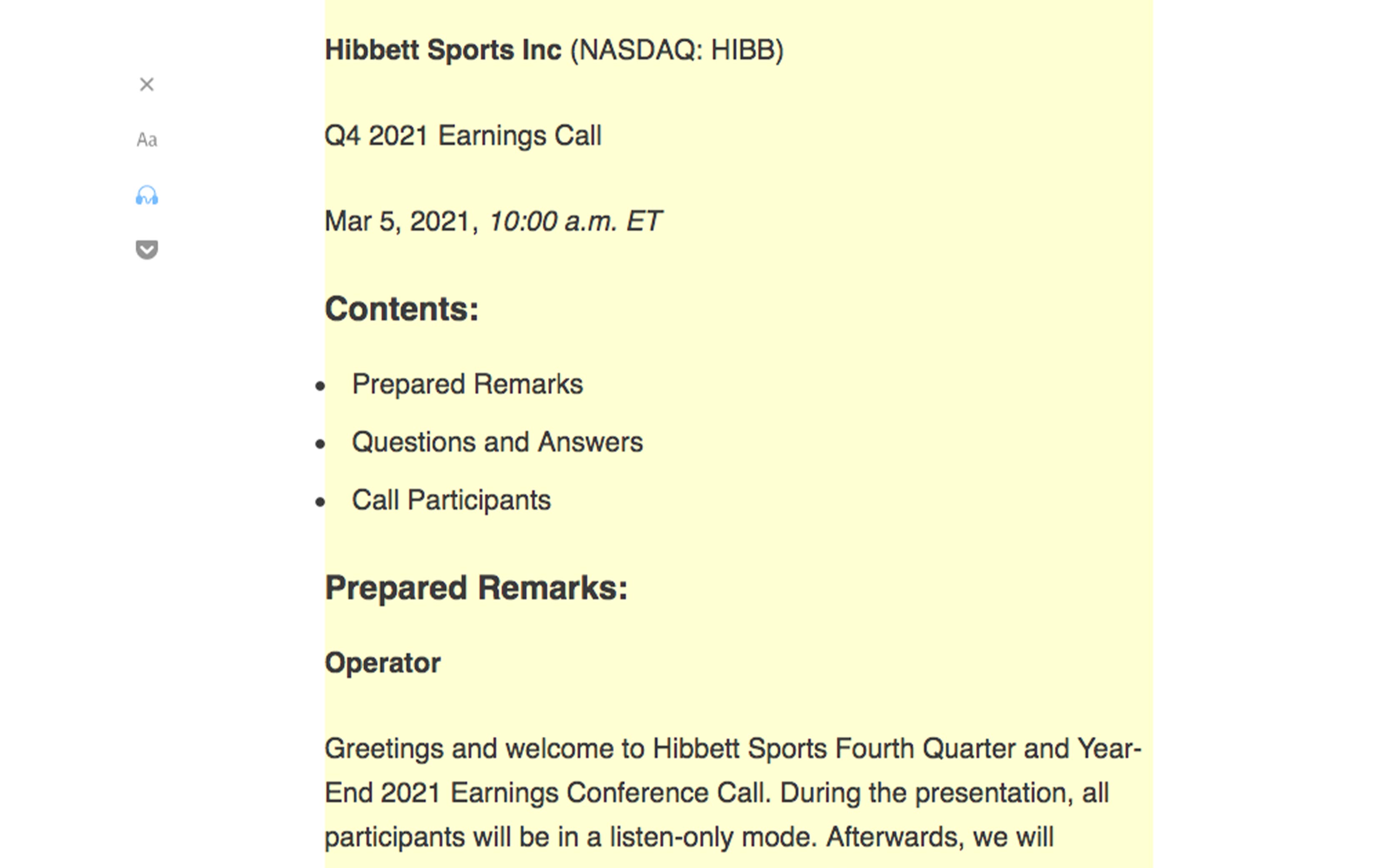 A screenshot of the Hibbett earning call transcript in the Firefox reader view. 