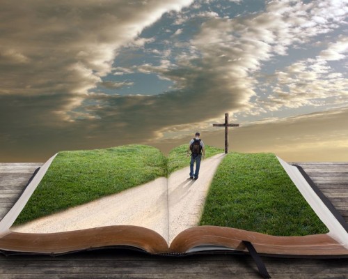 hombre caminando sobre la biblia